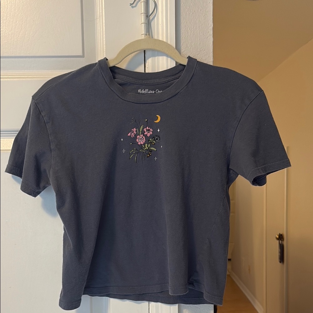 Rebellious One Charcoal Tee with Floral and Moon Design